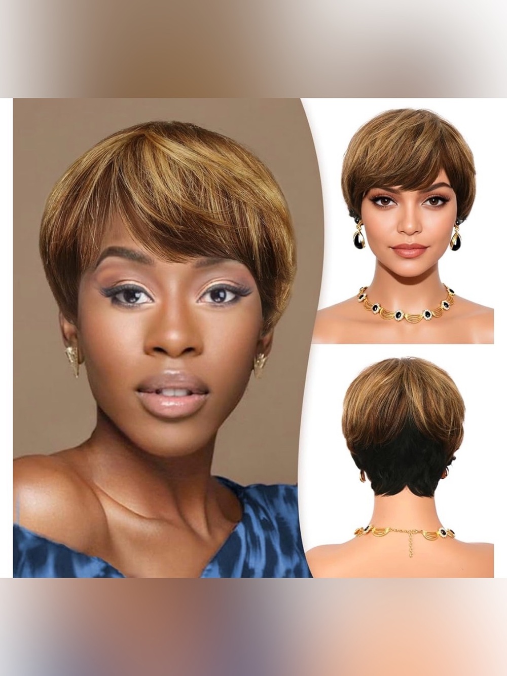 RUWISS Human Hair Pixie Cut Wigs. Brown/Blonde, Natural Black Undertone.